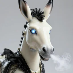 hyper detailed ultra sharp portrait of a beautiful fashionable porcelain ivory cyberpunk scifi robo donkey with glowing eyes and steam coming out of the nostrils, up close shot, sharp focus, global illumination, radiant light, black haute couture, alexandre ferra, irakli nadar, octane render, 4 k, ultra hd,