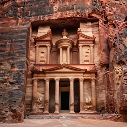 A temple of sandstone built into the side of a canyon.