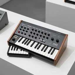 dezeen showroom , minimalissimo, archdaily, teenage engineering moad, mother of all decks, product design concept, top down view of moog melotron synthesizer made by jony ives , dieter rams, 8k, high detailed photo