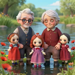 a colorful portrait photograph of grandparents in a river, with diabolical cursed creepy dolls, poppy playtime style, with crazy laughs and crazy eyes, taken by martin parr, saturated colour photo kodachrome