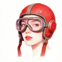 woman wearing aviator helmet and googles, drawn by bernie wrightson, red