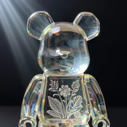 close up portrait of Rubik the prismatic glass figurine, in empty space, embossed panel with leaves and flowers, carefully crafted, refracting light, caustics, light rays beaming through, epic 8k, Zeiss 75mm