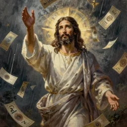 painting of Jesus in the style of Alec monopoly, raining money