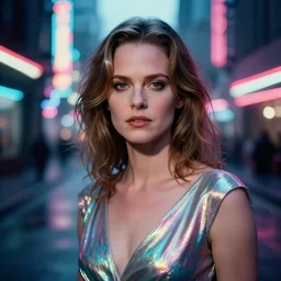 A hyper realistic and detailed head portrait photography of Sigourney Weaver in iridescent dress on a futuristic street. by Annie Leibovitz. Neo noir style. Cinematic. neon lights glow in the background. Cinestill 800T film. Lens flare. Helios 44m