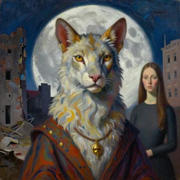 bright dramatic lighting colorful oil painting titled'now we will all be sisters of the fossil blood of the moon ', magical realism symbolist, portrait of hybrid animal protagonist in a ruined city, highly detailed, painted by grant wood and rene magritte, shocking detail trending on artstation 8 k