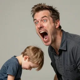 Father yelling energetically with a big mouth at his little son who keeps his head down., caricature portrait exaggerated by Sebastian Krüger and Bruno Tesse trending on artstation, hyperdetailed, humor, perfect composition