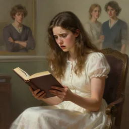 a girl in nice dress reading a book, scared, highly detailed, digital painting, artstation, concept art, art by artgerm and Anna Dittmann and Greg Hildebrandt