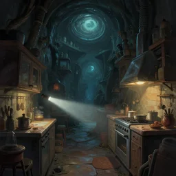 naive nerikomi, weird perspective, extra narrow, detailed illustration of a kitchen dim lit by flashlight in a scenic spiral environment by anton fadeev from lorax movie, trending artstation, sci - fi art