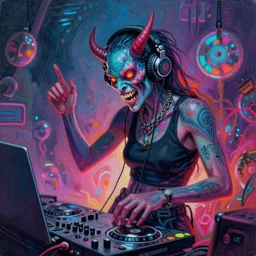 psychedelic cyberpunk demon painting, rocking out, headphones DJ Rave