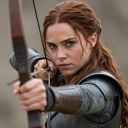 close up shot of katniss everdeen holding medieval bow and aiming directly to camera, medieval armor,, highly detailed, cinematic shot, cinematic lighting, 8 k, exquisit facial detail,