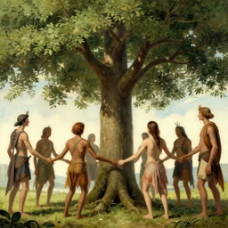 A tree in the future, humanoid entities surrounding it holding hands, historical artistic depiction, trending on artstation, digital art, by Greg Rutkowski and Ansel Adams