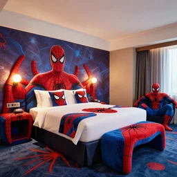designer photography of hotel room themed to spider - man motif. bed has spider - man blankets. wall has spider - man pattern. furniture has spider - man motif. furniture is shaped like spider - man furniture. carpet has spider - man motif. lighting has spider - man film shapes