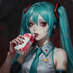 terrifying hatsune miku evilly drinks a bloody juice box, portrait, oil on canvas, dramatic, body horror, beautiful perfect face, mood lighting, digital art, hdr
