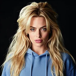 face photo of margot robbie as super saiyan powering up long hair wearing hoodie by annie leibovitz
