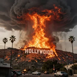 apocalyptic fire raining upon hollywood, burning landmark
