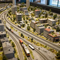 a huge model railroad scene of an abandoned city, empty cars, overgrown buildings, zeiss 1 8 mm prime,