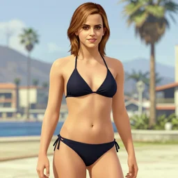 highly detailed painting of emma watson wearing a bikini in los santos, gta 5 cover art, stephen bliss, 8 k, by greg rutkowski, artgerm, global illumination, radiant light, detailed and intricate environment