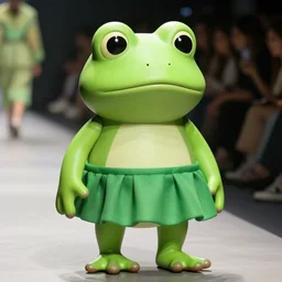 fashion show with a super cute sad green tree frog dressed in a green skirt, photo realistic, matte image