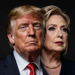 Donald trump with Hillary Clinton body, realistic artstyle, wide shot, dramatic lighting, octane render, hyperrealistic, high quality, highly detailed, HD, beautiful, cinematic, 8k, unreal engine, facial accuracy, symmetrical