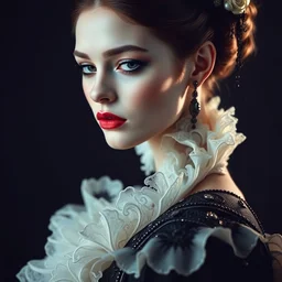 portrait of beautiful female model by irakli nadar with intricate detailed wearing victorian dress designed by alexander mcqueen and rocky gathercole, haunting, elite, elegant, ruan jia, dark, hyper detailed, concept art, by gustav klimt, studio portrait taken using canon mark ii, studio lighting