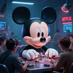the cyber head of mickey mouse which repairing by a group of people in hangar room, a netflix logo on the background, cyberpunk art by syd mead, cgsociety, tranding on artstation, retrofuturism, concept art, neon light, 2 4 mm lens