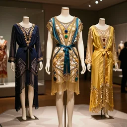 the film still photographed image is a vintage 1 9 2 0 s haute couture outfit ensemble was inspired by mercury. it is displayed on a mannequin in a museum exhibit. vibrant cinematography, anamorphic lenses, upscale, hyper realistic photo, crisp, detailed image in 8 k resolution.