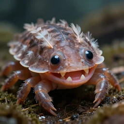 a portrait shot of a beautiful tardigrade!!! smiling!!! big teeth!!! covered in feathers, front shot. lots of big cute eyes!!! tilt shift photography, extreme dof