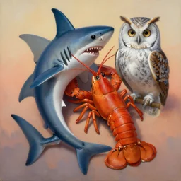 painting of hybrid between shark & lobster & owl!!!, intercrossed animal, by zdzislaw beksinski, by lewis jones, by mattias adolfsson, cold hue's, warm tone gradient background, concept art, beautiful composition, digital painting