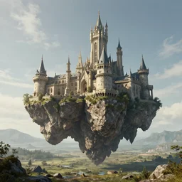 futuristic medieval castle on a floating rock above the ground