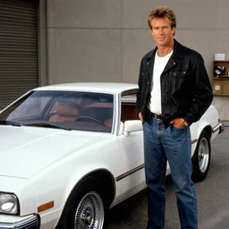 a photo taken on the set of the tv show knight rider in 1 9 8 2, showing kitt the car from the series with michael knight posing in front