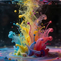 colorful paint droplets in water, colorful, bright