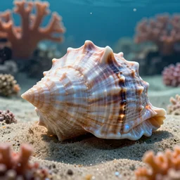conch shell under the sea, corals, sand, volumetric light, unreal engine, 4 k, realistic
