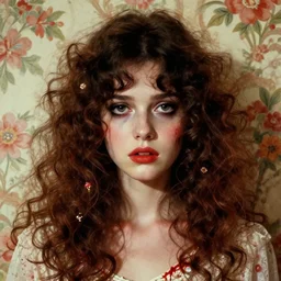 a beautiful but sinister girl in layers of fear, with haunted eyes and curly hair, 1 9 7 0 s, seventies, floral wallpaper, delicate embellishments, a little blood, crimson, painterly, offset printing technique, by edward robert hughes