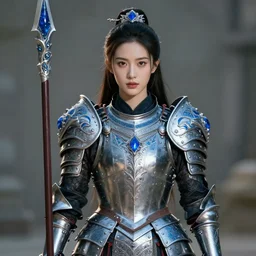 photo of a real-life beautiful female warrior with sapphire encrusted armour