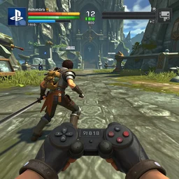 Combat in a first-person fantasy RPG with UI, PS3 game, 3DCG, by Tadanori Yokoo!!!!!