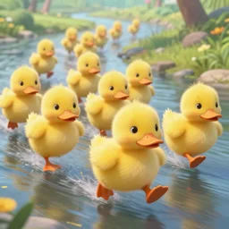 fluffy yellow ducklings racing exhuberantly down the river, a scene from the pixar movie duckling race | highly detailed | cinematic lighting | disney | anime aesthestic | award - winning | matte painting by anton fadeev and marc simonetti and mickael lelievre | pastel color palette | featured on artstation hq