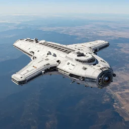 a large spaceship hovering above ground