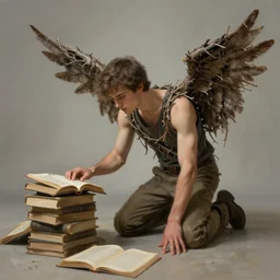 a young man wearing broken wings made from twigs. he is kneeling down on the floor, looking at a pile of open books, fantasy painting