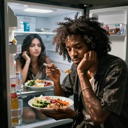 lanky black stoner with frederick douglass haircut eating his wife's dinner in secret, open refrigerator and sulking, thinking about trauma bonding with valerie valenti