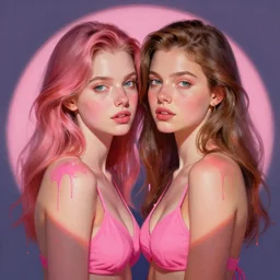 portrait of two beautiful girls, intimate, vibrant shades of pink, beautiful face, rule of thirds, bikinis, spotlight, drips of paint, by greg rutkowski, by jeremy mann, by francoise nielly, by van gogh, digital painting