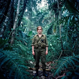 film still, extreme far view, full body, emma watson, jungle, vietnam war soldier, apocalypse now, associated press, 2 6 mm, kodak ektachrome, blue tint expired film,