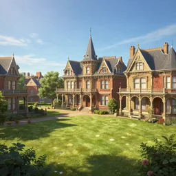 a grand victorian parade ground, no people, town setting, blue sky, sunny, detailed, volumetric, cinematic lighting, realistic, digital art by greg rukowski