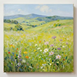 painting of a nice summer day, flowers and hills, oil on camvas