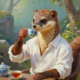 portrait painting of a weasel monster in a white shirt, drinking chinese tea by wenjun lin, irakli nadar, bright colors, octopath traveler, wenjun lin, unreal engine 5 highly rendered, global illumination, radiant light, detailed and intricate environment