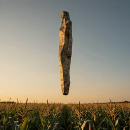 wide shot of a tall and thin rocky abstract statue hovering vertically ten feet above a cornfield, late afternoon, golden hour, dramatic lighting, cinematic, highly detailed, smooth, sharp focus, concept art by greg rutkowski and marc simonetti