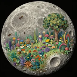 a landscape on the moon with many craters, insect aliens, a beautiful flowering garden, a lot of exotic vegetations and trees, intricate detaild, 8 k, in the style of martin johnson heade and daniel merriam and roger dean