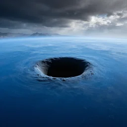 A black hole viewed from the surface of a blue ocean planet, sparse mountains on the horizon, clouds, light fog, dramatic lighting, stunning, art by Jessica Rossier