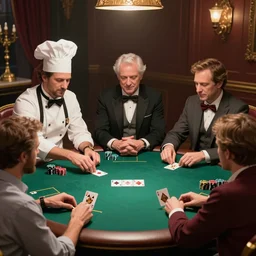 the butcher, the baker, the candlestick maker, all sitting at a table and playing poker, 8 k,