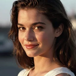 close up face of drop dead gorgeous young lady jennifer connelly in a scene from the rocketeer. low white evening dress. ample. big eyes. flirty smile.