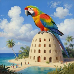 colourful parrot! dream escher sand building with a small crowd outside on a tropical island, fluffy clouds, blue sky by magritte and de chirico, surreal oil painting, hyper detailed, masterpiece 4 k